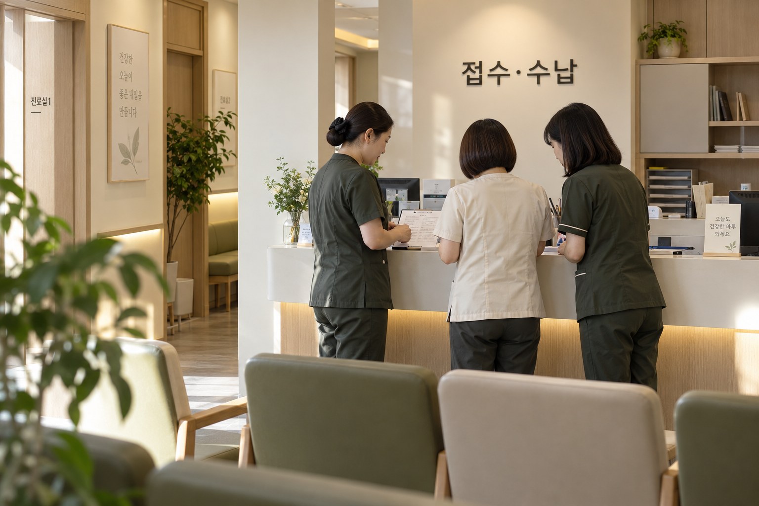 한국 의원 접수대에서 업무 체크리스트를 함께 확인하는 직원들의 뒷모습